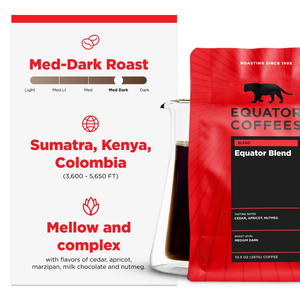 Equator Coffees, Equator Blend Whole Bean Coffee, Medium Dark Roast, Fresh Roasted, Smooth Chocolate & Nutmeg Flavor Notes, Sustainable, 10.5 Oz Bag