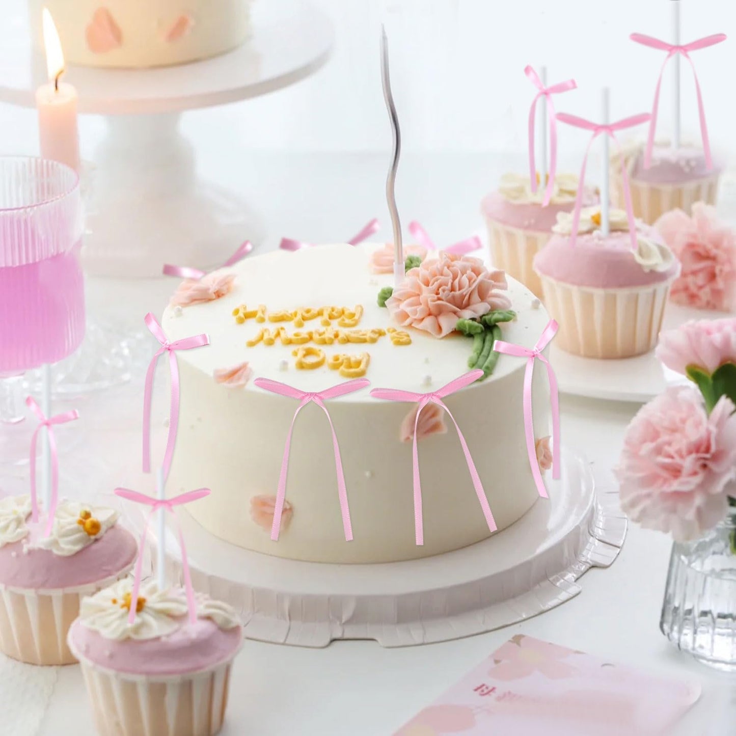 Keaziu 20 Pack Bow Cupcake Toppers Ribbons 2x0.05 Pink1 BOW123 Wedding Party Supplies