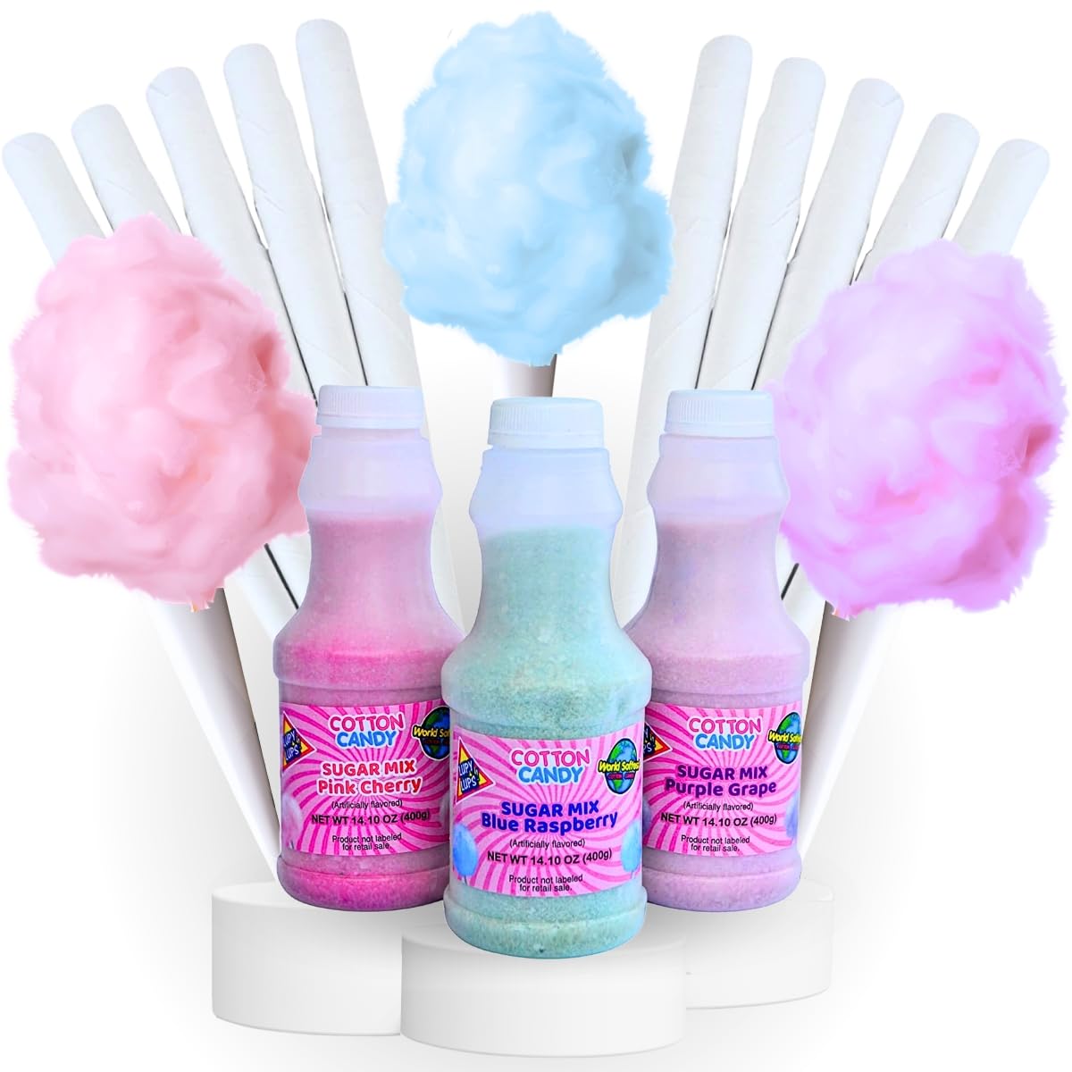 Lupy Lups! Sugar Mix Kit Floss Sugar With 3 Count -14.10 Oz Plastics Jars Of Blue Raspberry, Purple Grape & Pink Cherry- 50 Pape
