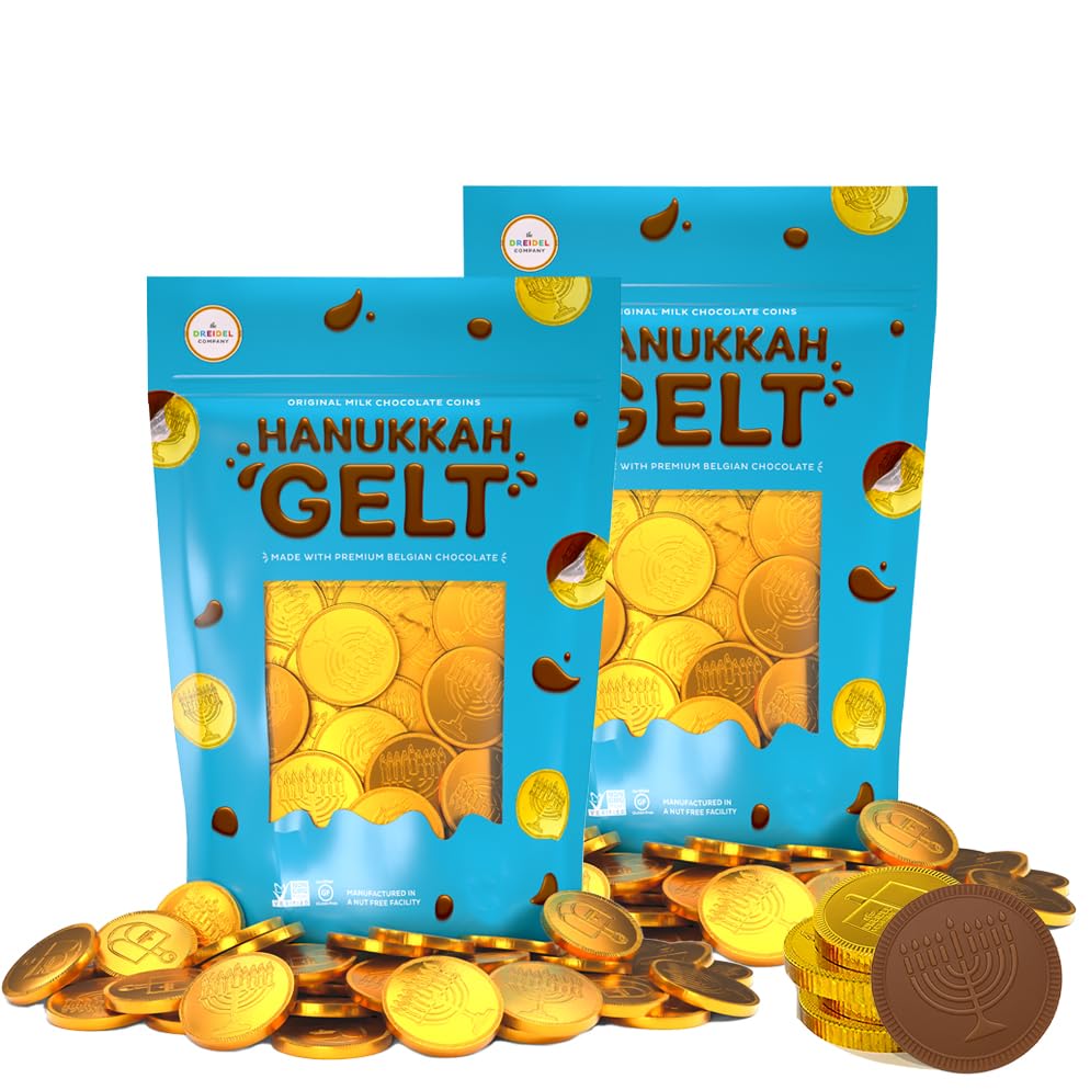 The Dreidel Company 200-Pack Chocolate Candy Milk Chocolate Coins  Hanukkah Gelt  Gold Coins  With Menorah And Dreidel Designs Made With Belgian Chocolate  Gluten Free  Non Gmo  Nut-Free  Kosher Certified