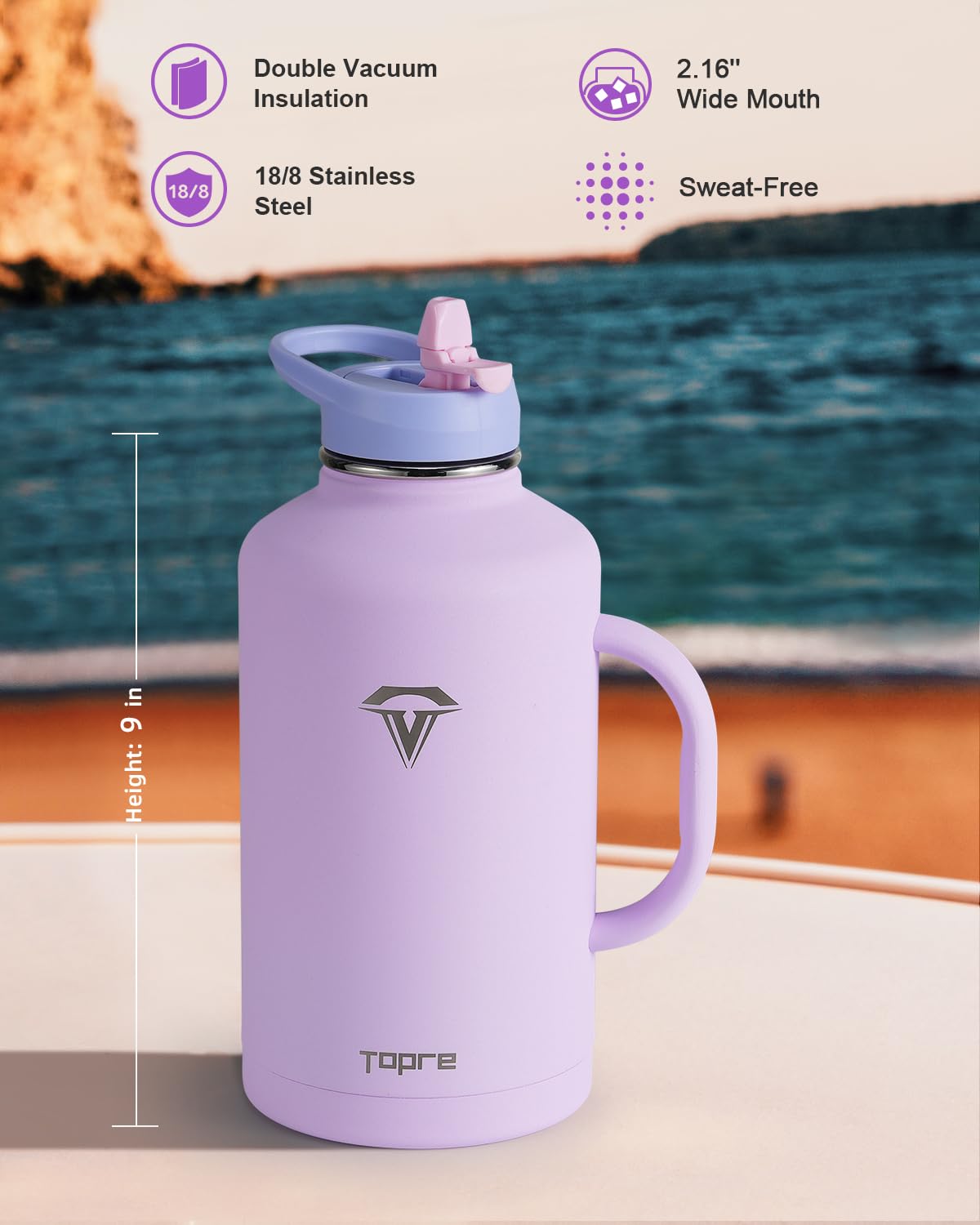 Topre 64 Oz Water Bottle Insulated With Handle And Carry Pouch, Half Gallon Stainless Steel Water Bottles Mug With Straw Lid Spo