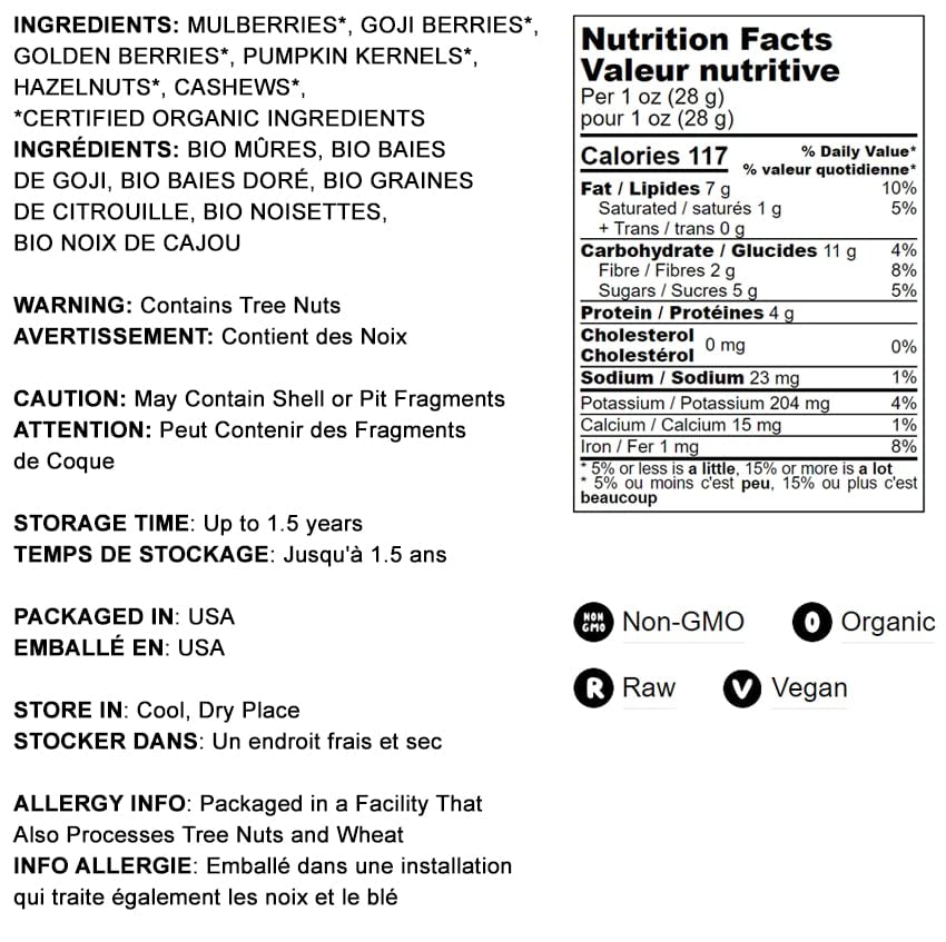 Food to Live Organic Antioxidant Trail Mix, 12 Ounces - Contains Mulberries, Goji Berries, Golden Berries, Pumpkin Seeds, Hazeln