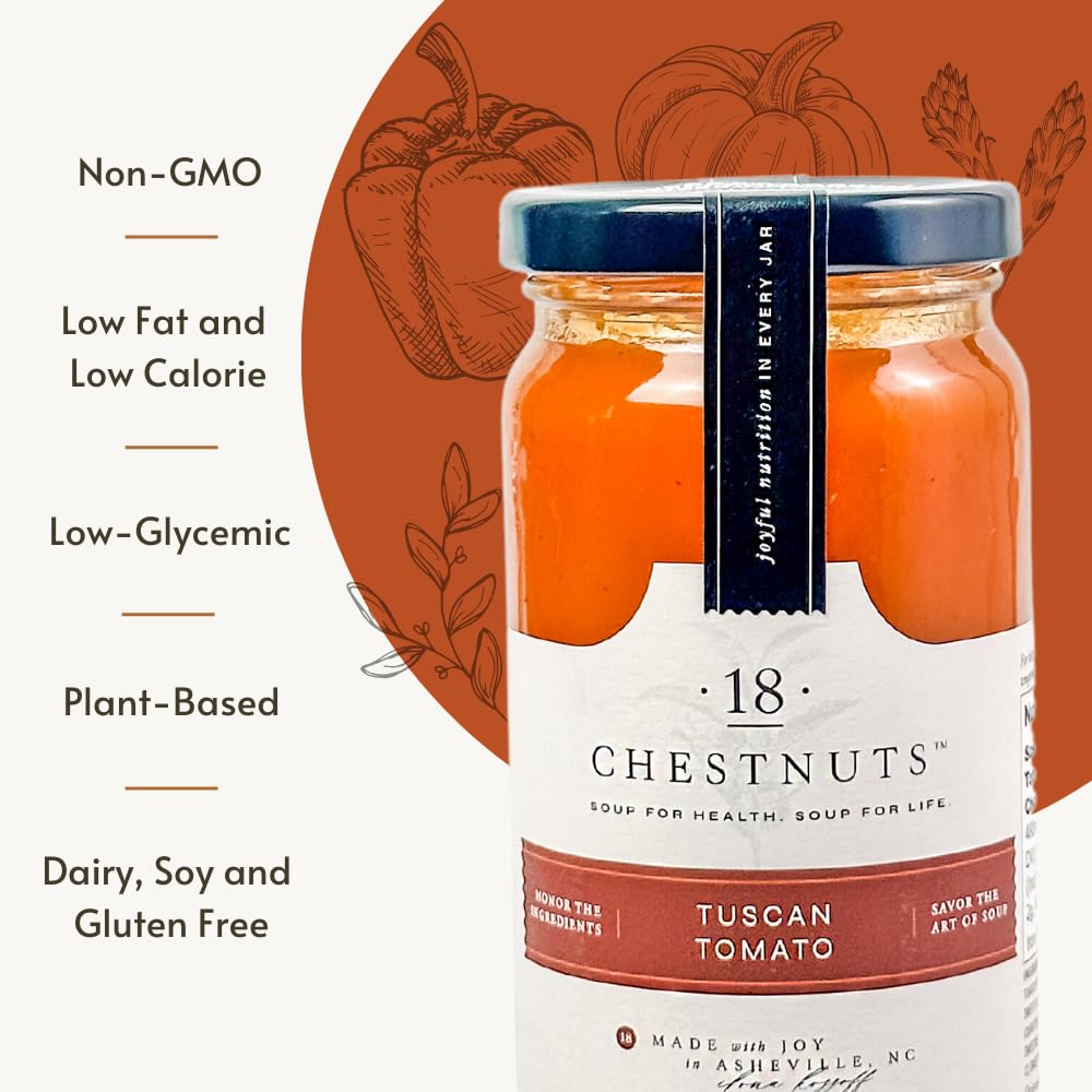 18 Chestnuts Plant Based Soup - Tuscan Tomato, Plant Based, Low Fat and Low Calorie & Gluten Free Soup - 3 Jar Pack (16oz)