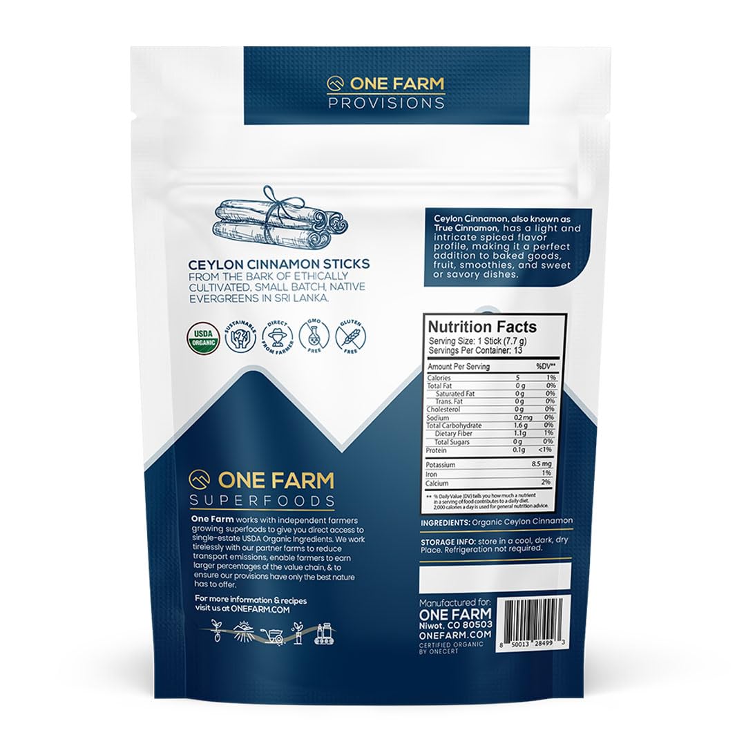 One Farm By Waayb Organic Ceylon Cinnamon Sticks, Single Estate, Enhanced Sri Lanka Cinnamon, Non-Gmo, Fair-Trade & Gluten Free In Resealable Pouch For Cooking, Decoration, Lattes & Tea