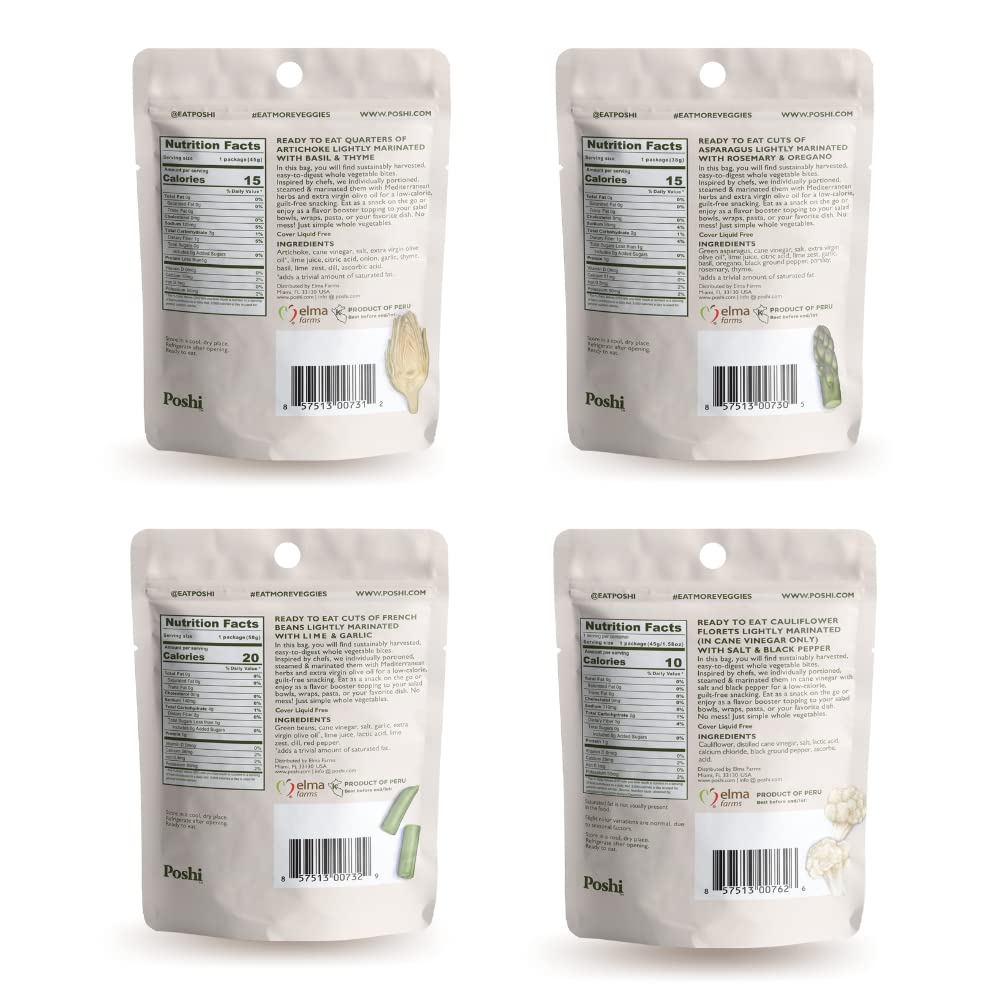 POSHI Marinated Vegetables Variety Pack | Asparagus, French Beans, Cauliflower, Artichoke | Keto, Vegan, Paleo, Non GMO, Gluten