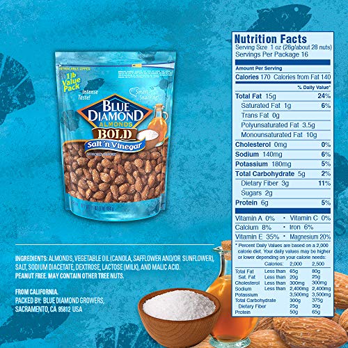 Blue Diamond Almonds Salt N Vinegar Flavored Snack Nuts, 16 Oz Resealable Bag (Pack of 2)
