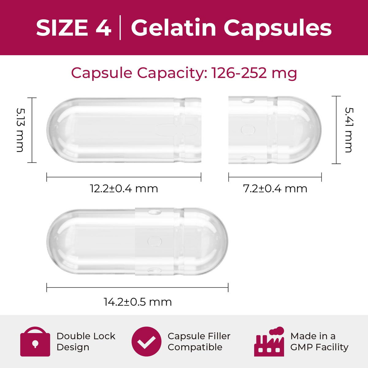 ATLEMISME Empty Gelatin compact pieces Size 4 - 100 Count Clear Gel Caps with 2 Filling Spoons