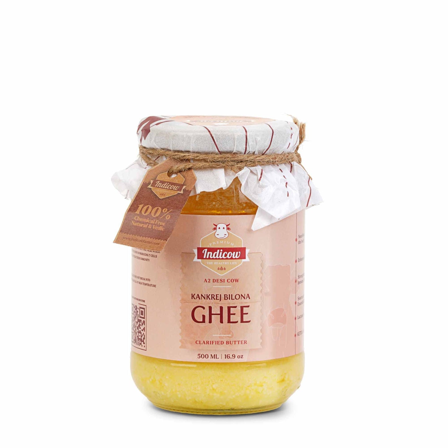 Indicow A2 Desi Cow Ghee, Clarified Butter | Grass Fed Cows | (500ml (16.91oz), A2 Kankrej Cow Ghee) | Keto and Paleo Friendly| 