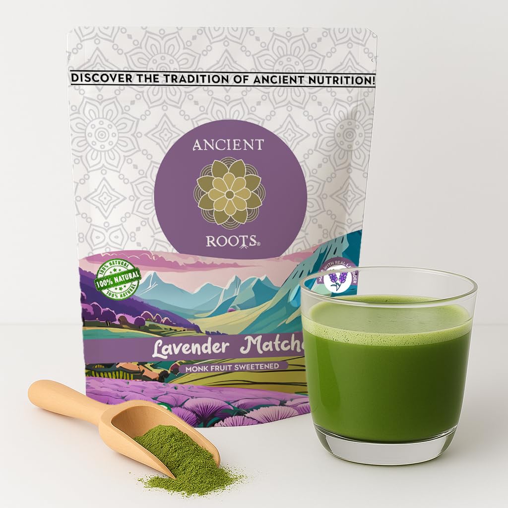 Ancient Roots Lavender Matcha Green Tea Powder, 100% Japanese, Monk Fruit Sweetened, 10.5 Ounce