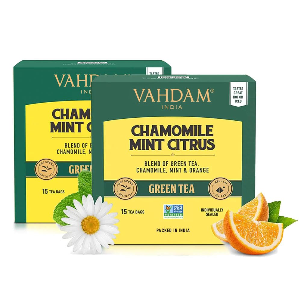 Vahdam, Chamomile Mint Citrus Green Tea Bags (30 Count) Low Caffeine, Non Gmo, Gluten Free | Sweet & Floral | Resealable Ziplock Pouch | Individually Wrapped Chamomile Tea Bags