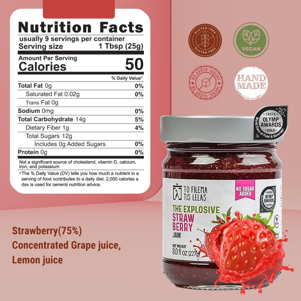Strawberry Jam - 8 Fl. Oz - No Sugar Added Natural Sweetness Taste - Made In Greece, No Preservatives, Gluten Free Strawberry Ja