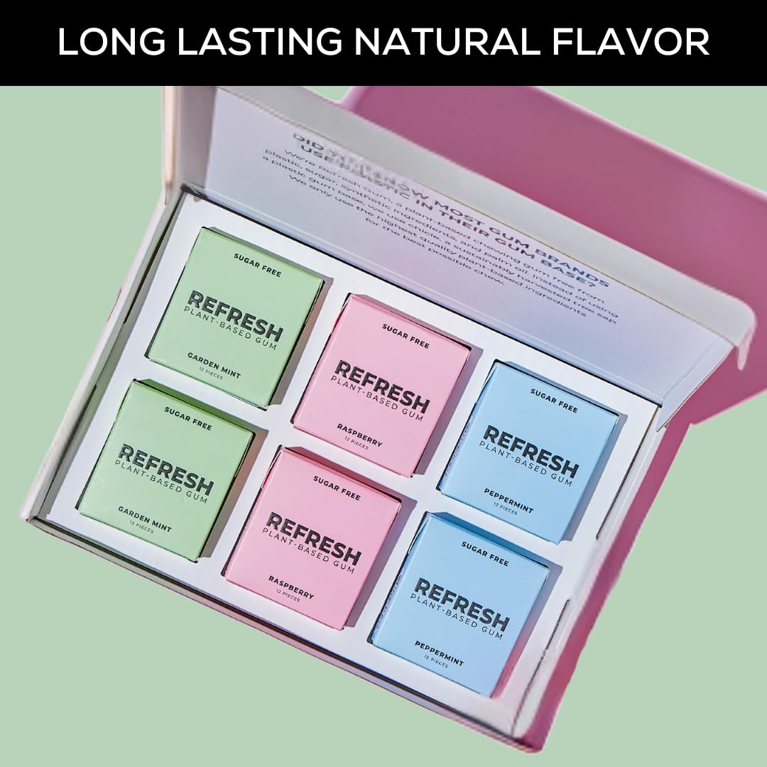 Refresh Gum, Xylitol, Natural, Sugar Free, Plastic Free, Natural Flavors & Organic Ingredients, Plant-Based, Non Gmo, Peppermint, Garden Mint & Raspberry Variety Pack, 12 Pcs, 6 Pack