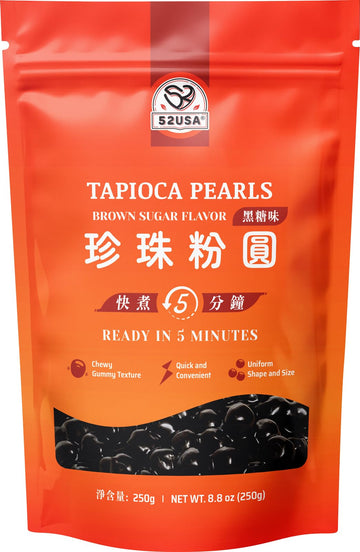 52USA Boba Tapioca Pearl, Black Sugar Flavor, Fresh Bubble Tea Pearl, 8.8 Oz (250 g), Black Tapioca Pearl For Bubble Tea, Ready 