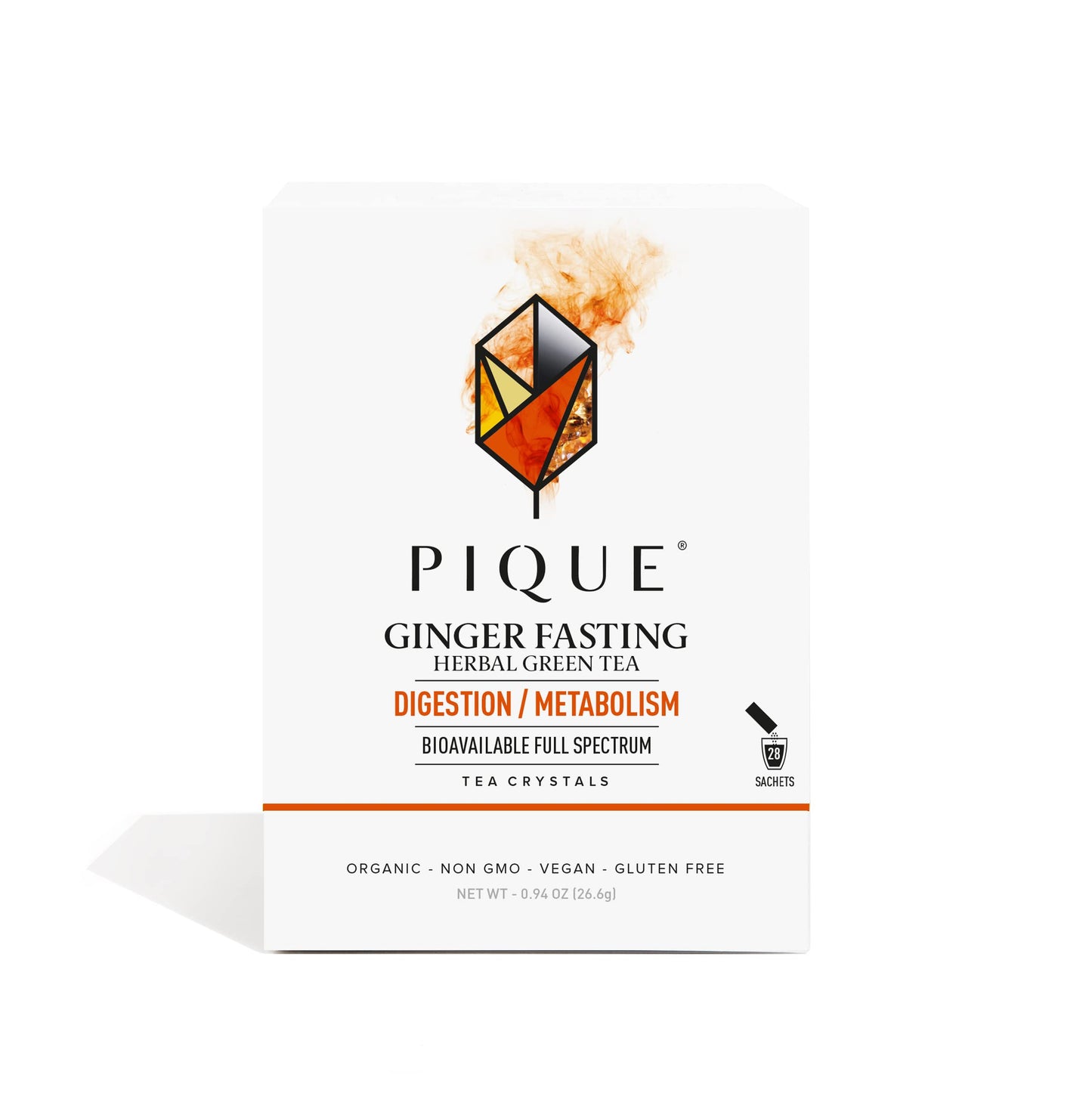 PIQUE Organic Ginger Fasting Tea Crystals - Digestive Support, 28 Single Serve Sticks, Caffeinated Green Tea for Energy