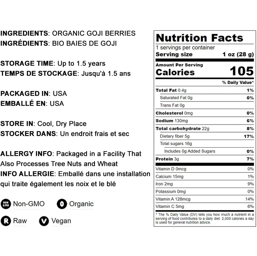 Food To Live Organic Goji Berries, 1 Pound - Sun Dried, Large And Juicy, Non-Gmo, Raw, Vegan, Sirtfood, Bulk