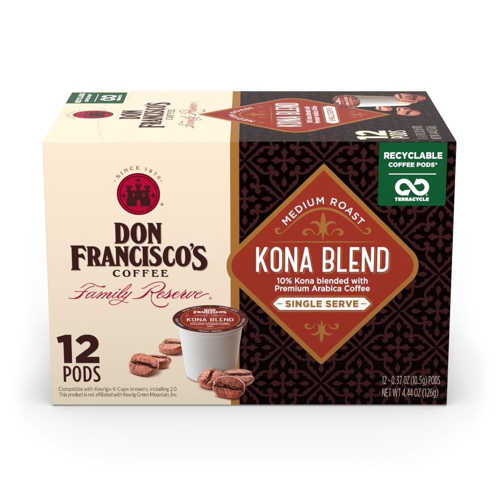 Don Franciscos Kona Blend Medium Roast K-Cup Coffee Pods, 12 Count, 10% Kona, Compatible with Keurig, Recyclable