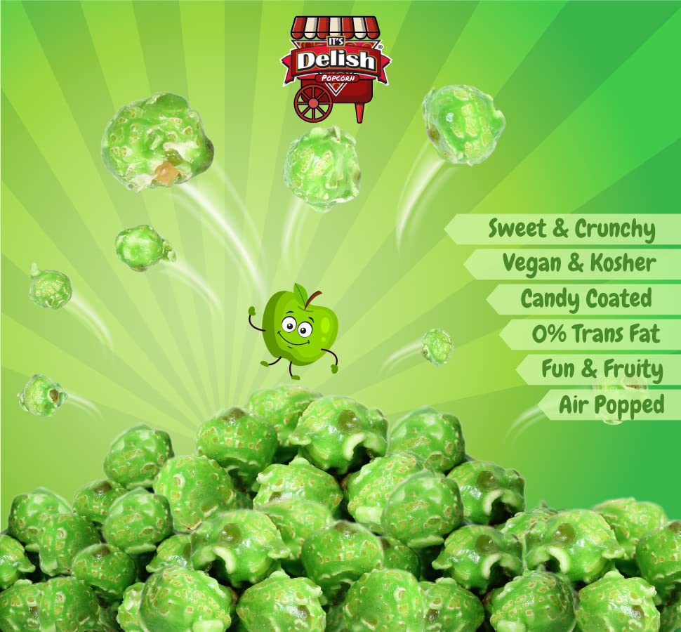 Gourmet Green Apple Flavored Popcorn by Its Delish, 16 Oz Jumbo Container | Bulk Air Popped Pop Corn Snack - Fruity Green Theme