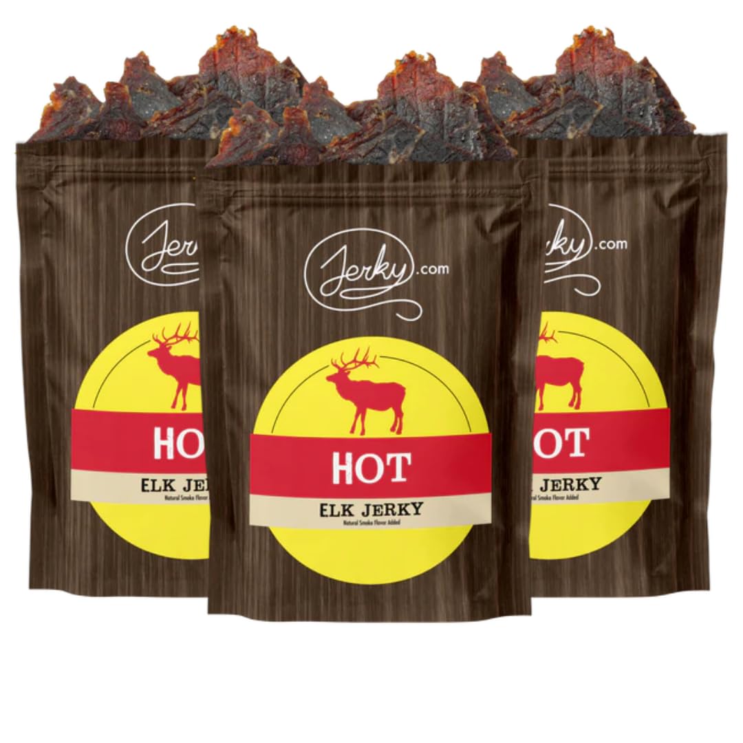 Jerky.com's Exotic Hot Elk Jerky - Wild Game Meat Snacks, Exotic Snacks, High-Protein, All-Natural, No Added Preservatives - Hea