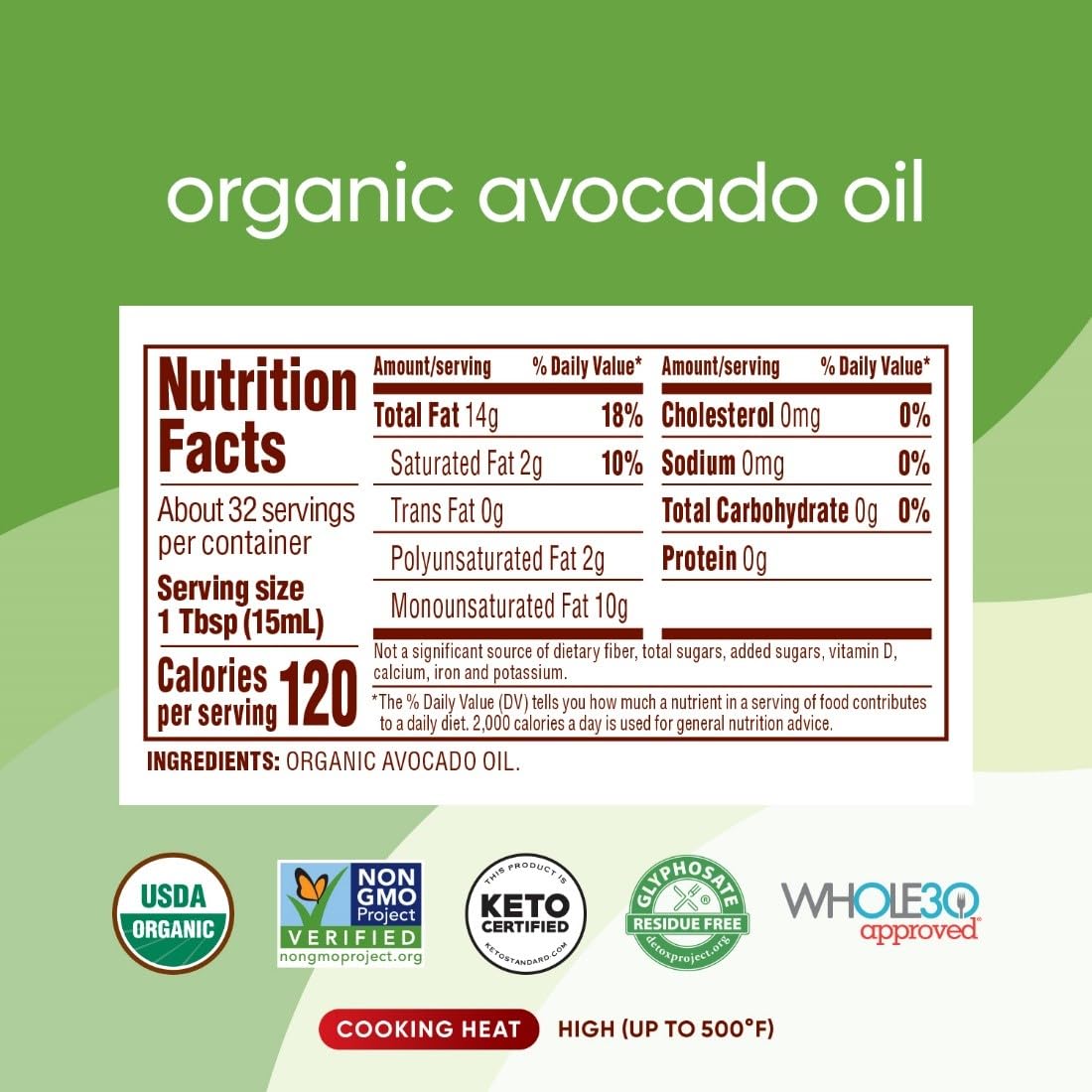 Nutiva Organic Steam-Refined Avocado Oil, 100% Pure, 16 Fl Oz, USDA Organic, Non GMO, Whole 30 Approved, Keto, Paleo, High-Heat