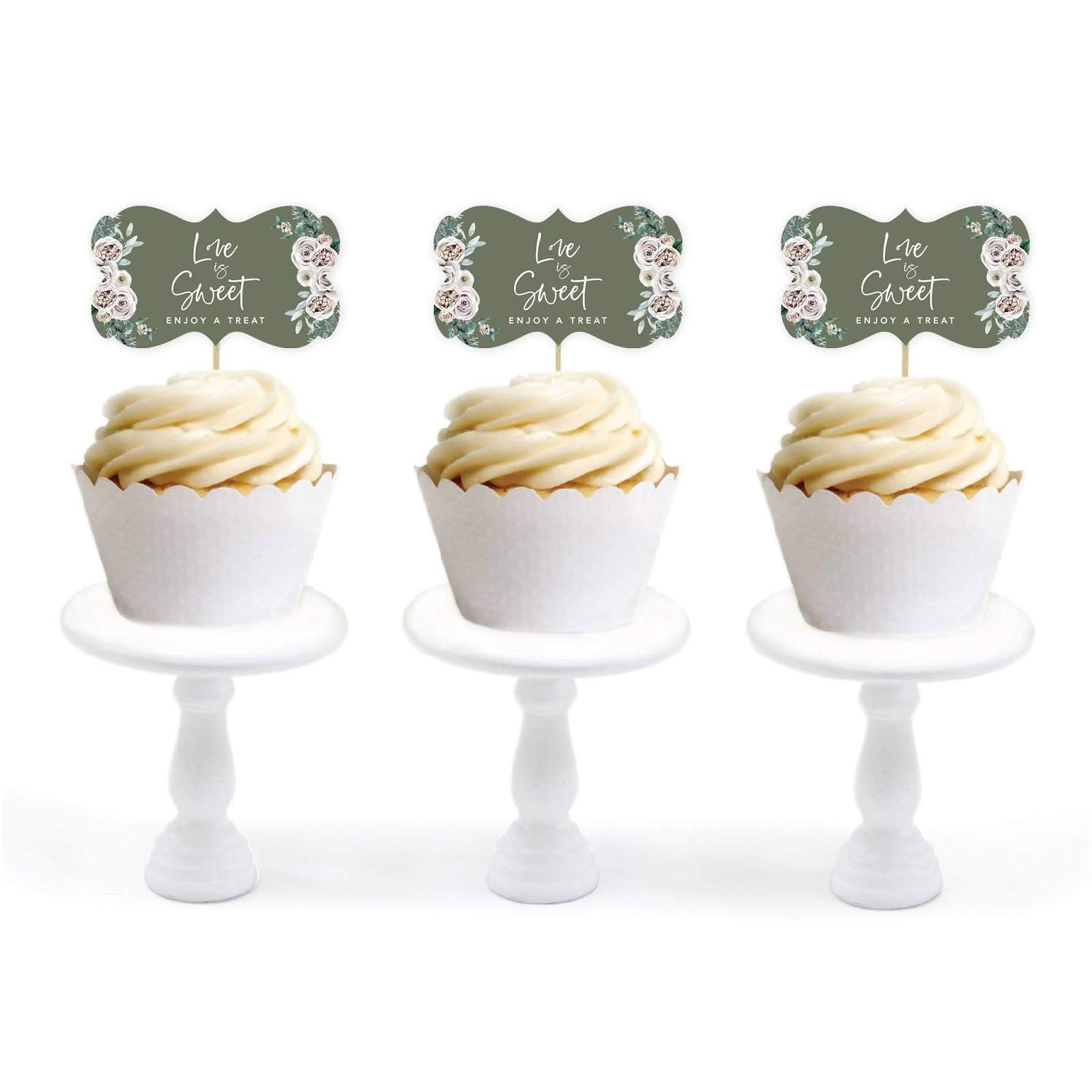 Andaz Press Cupcake Topper Kit, Floral Blossoms Design, 18-Pack, 2.25 x 1.30 inches, Sage Green with Cream
