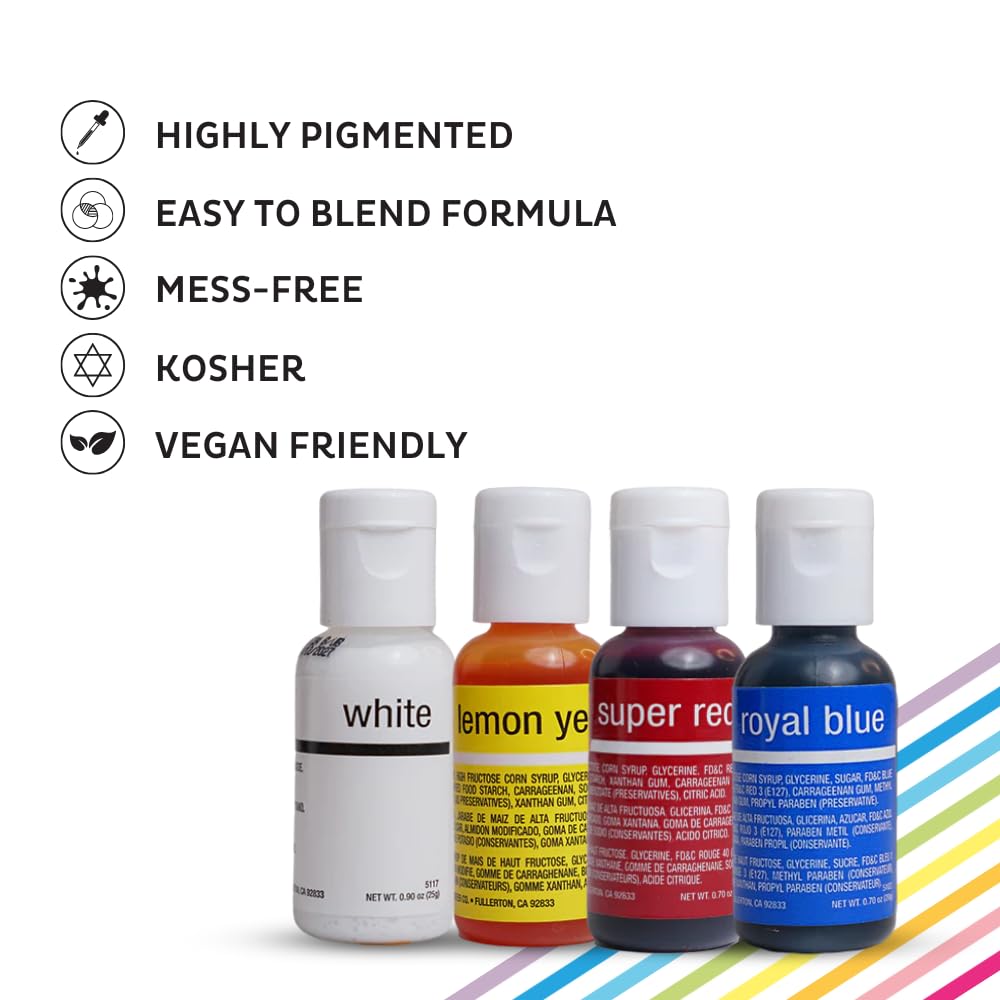 Chefmaster Liqua-Gel Food Coloring 4-Bottle Set, 0.7 oz Each, Vibrant Red, Blue, Yellow, White, Professional-Grade, Made in USA