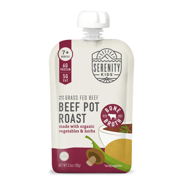 Serenity Kids 7+ Months Beef Pot Roast Bone Broth Puree Baby Food Pouches - Bpa-Free Toddler Pouch W/Grass Fed Beef & Organic Veggies - Clean Label Project Purity Award Certified - 3.5 Oz, 12 Pack