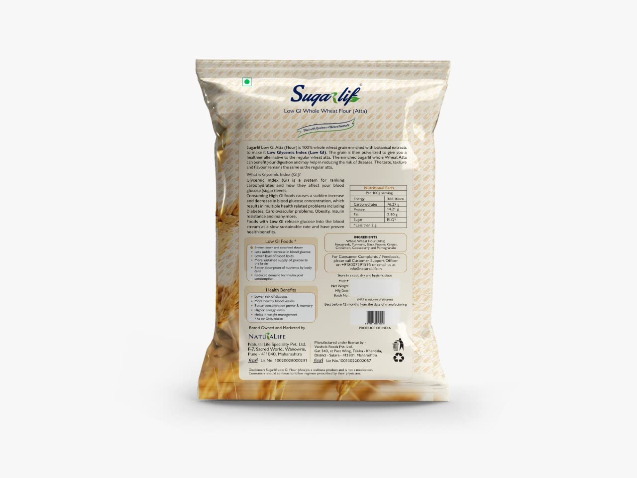 Sugarlif Low Gi Whole Wheat Atta (Flour) | Orignal Product Of Dr. C K Nandagopalan | Low Glycemic Index | Same Taste | Same Flavour | 1Kg X 3 Packet