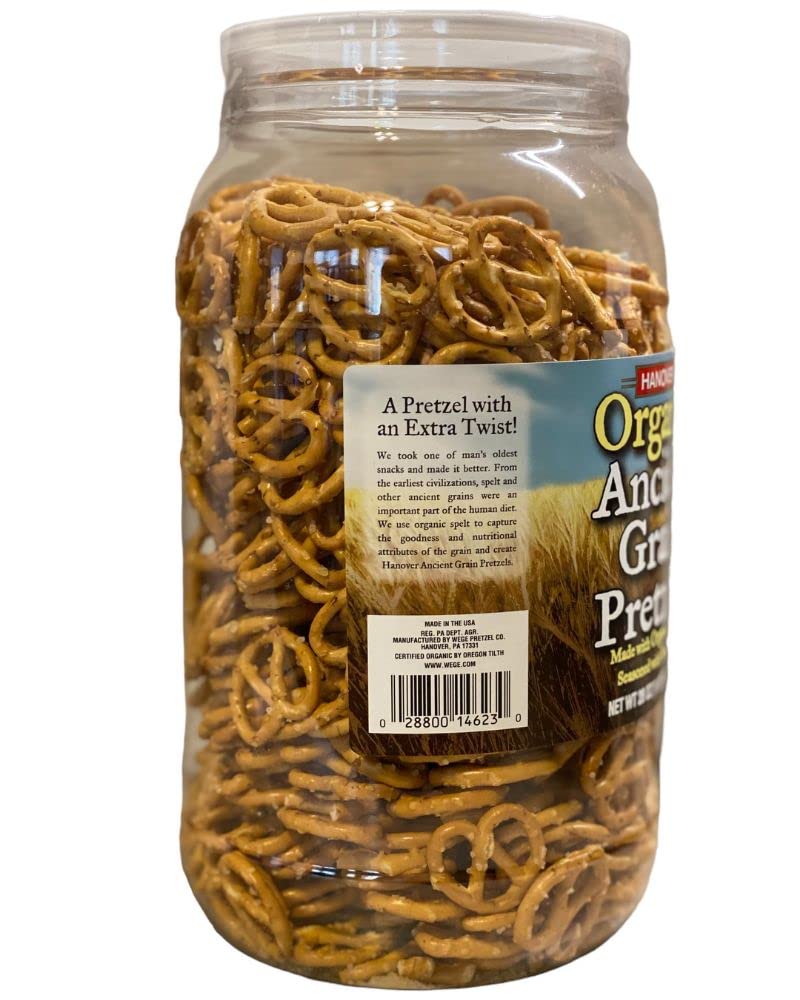 Hanover Organic Ancient Grain Spelt Sea Salt Pretzels Low Fat Cholesterol Trans Fat Free Party Snacks Resealable Container 28 oz