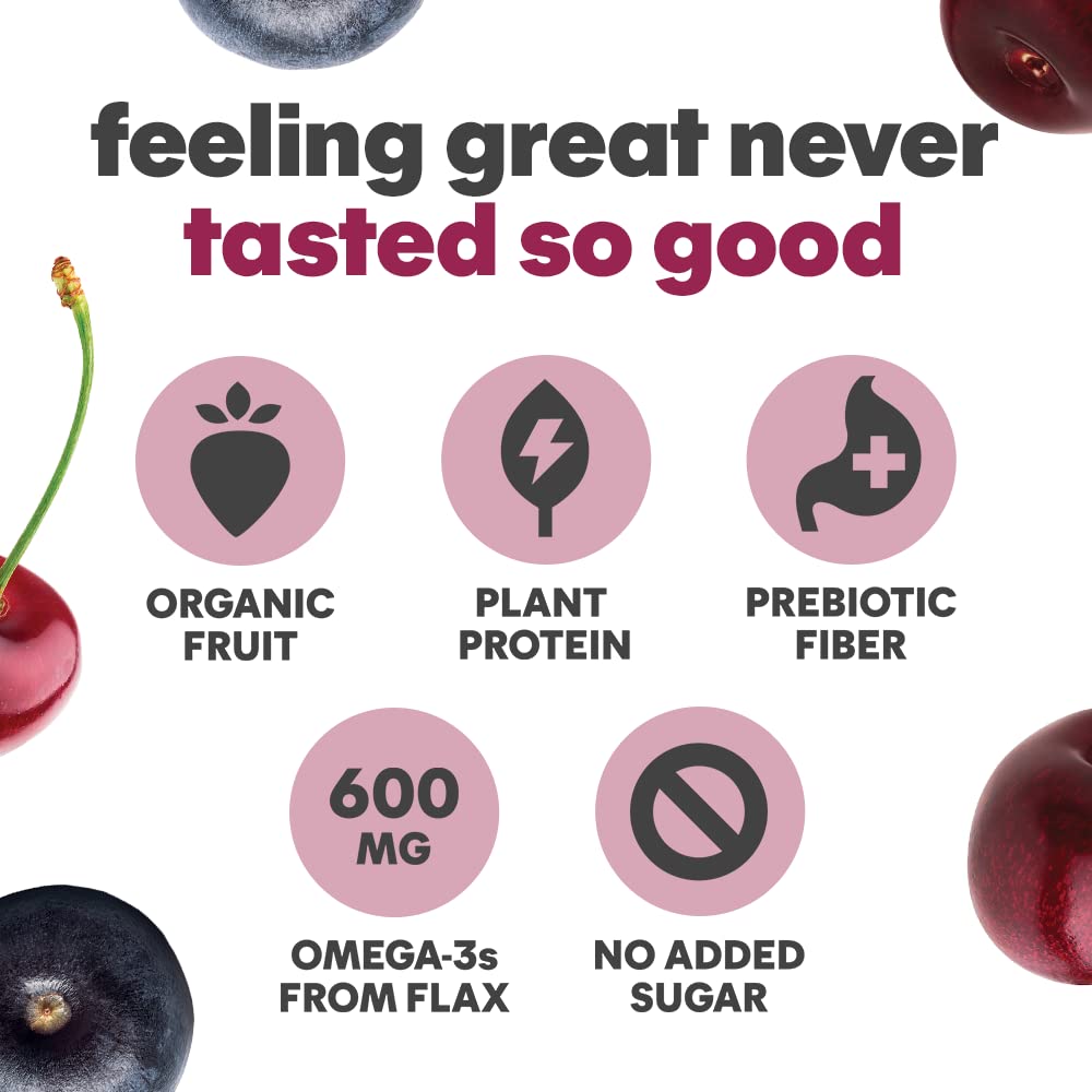 Noka Superfood Fruit Smoothie Pouches, Cherry Acai, Healthy Snacks with Flax Seed, Plant Protein and Prebiotic Fiber, Vegan and