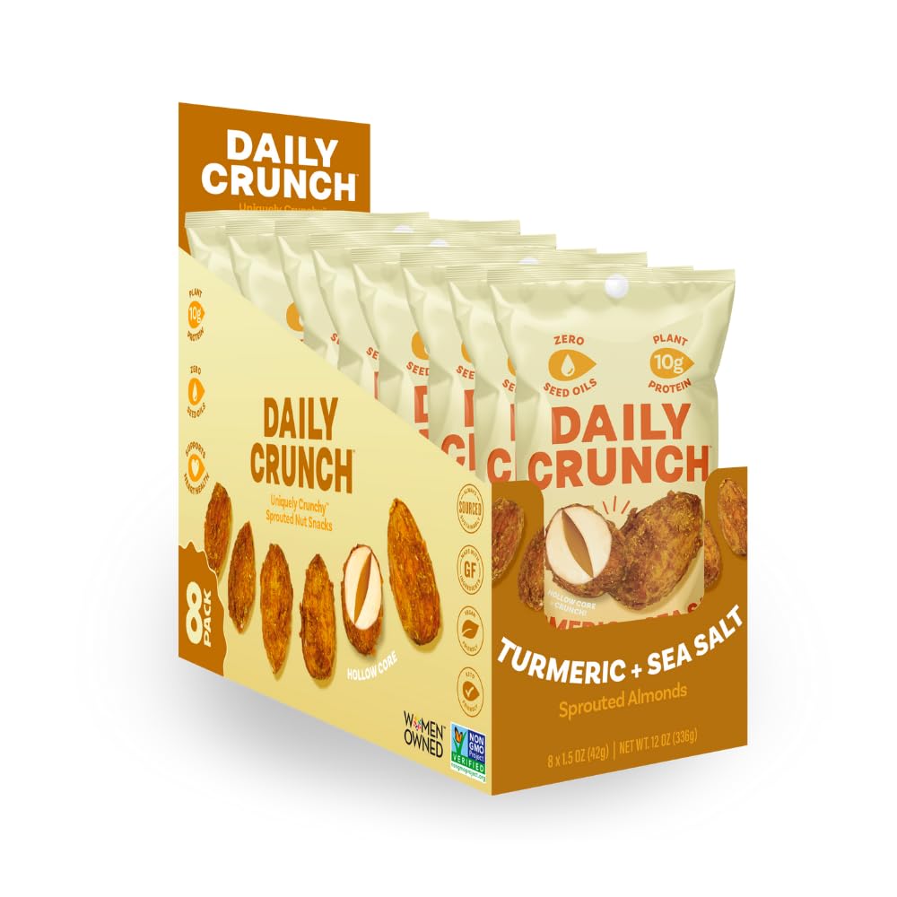 Daily Crunch, Turmeric and Sea Salt Sprouted Almonds, Minis (1.5oz, Pack of 8) - Savory Spices, Sea Salt and Turmeric, Sprouted