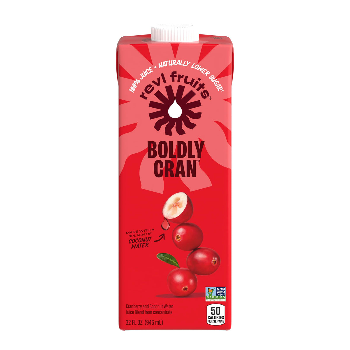 Revl Fruits 100% Juice, Boldly Cran Cranberry Juice, No Added Sugar, 32 Fl Oz. Carton