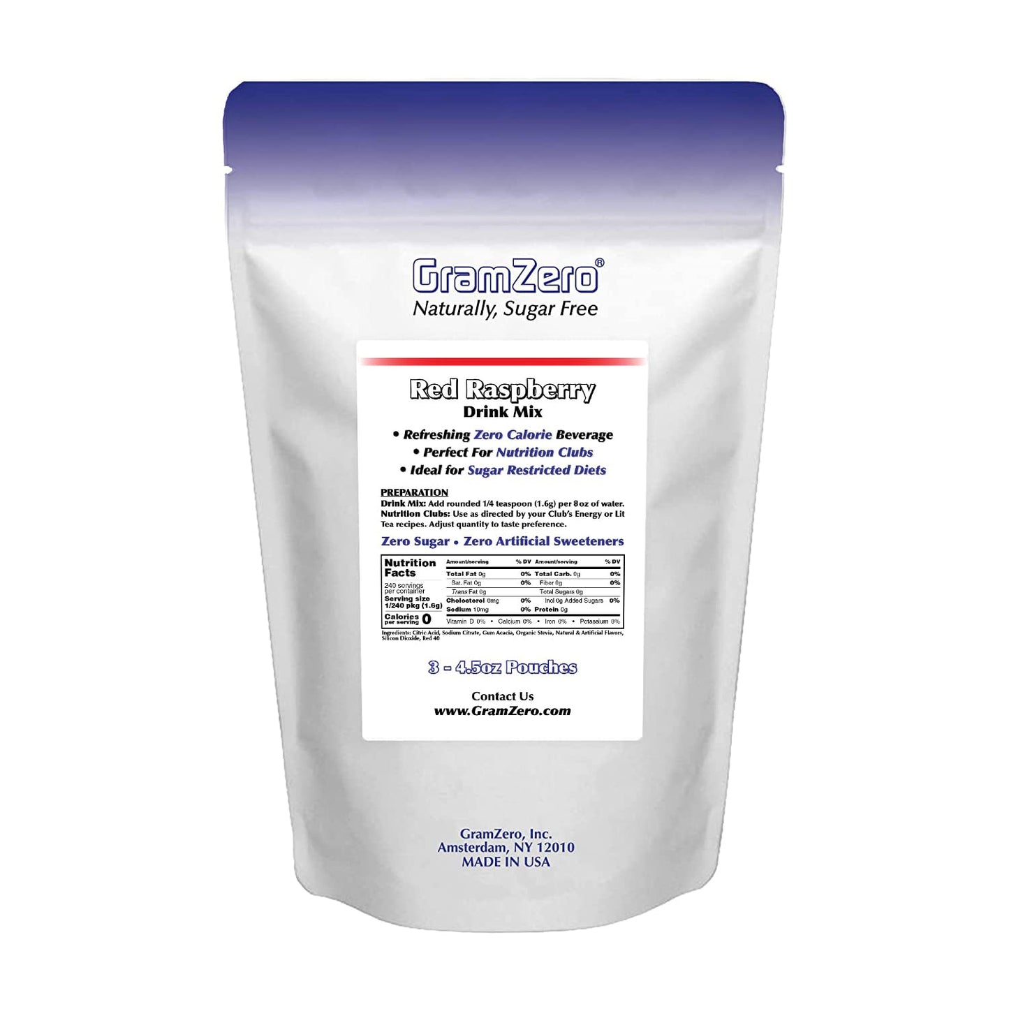 Gramzero Red Raspberry Zero Calorie Sugar Free Drink Mix, Great For Nutrition Club Loaded Tea, Stevia Sweetened