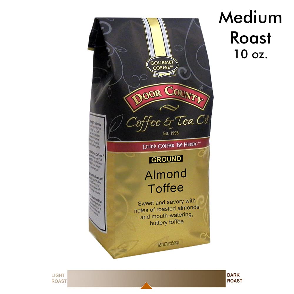 Door County Coffee Almond Toffee Flavored Ground - 10 Oz Bag | Flavored Ground Medium Roast - 100% Specialty Arabica - Flavored Gourmet - Almond Toffee