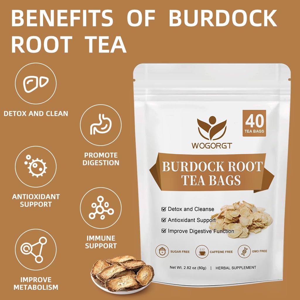 WOGORGT Burdock Root Tea Bags - Herbal Tea for Digestion & Immune Support, Caffeine Free, 40 Count