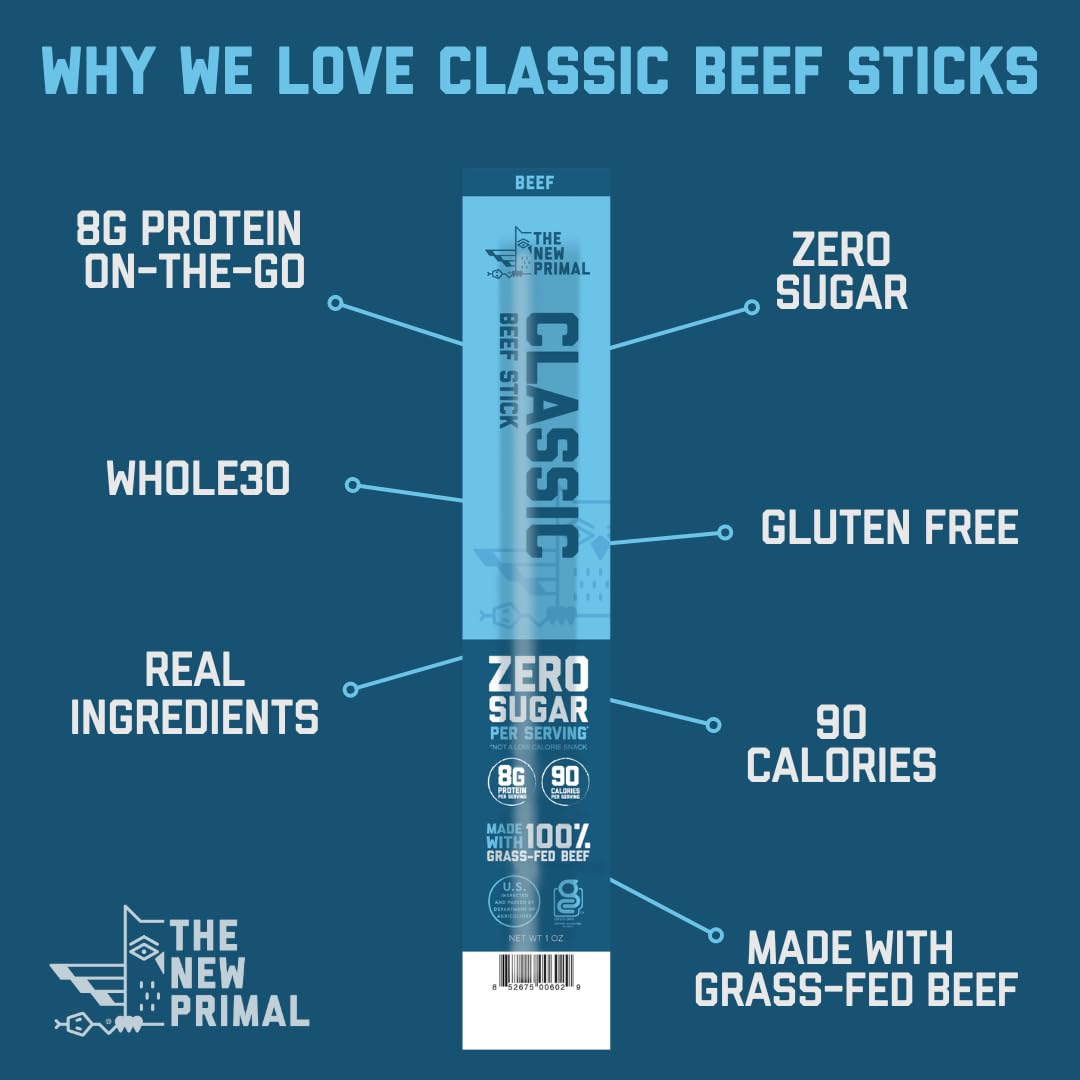 The New Primal Grass Fed Beef Sticks, Keto, Gluten Free, 8g Protein, 5 Count