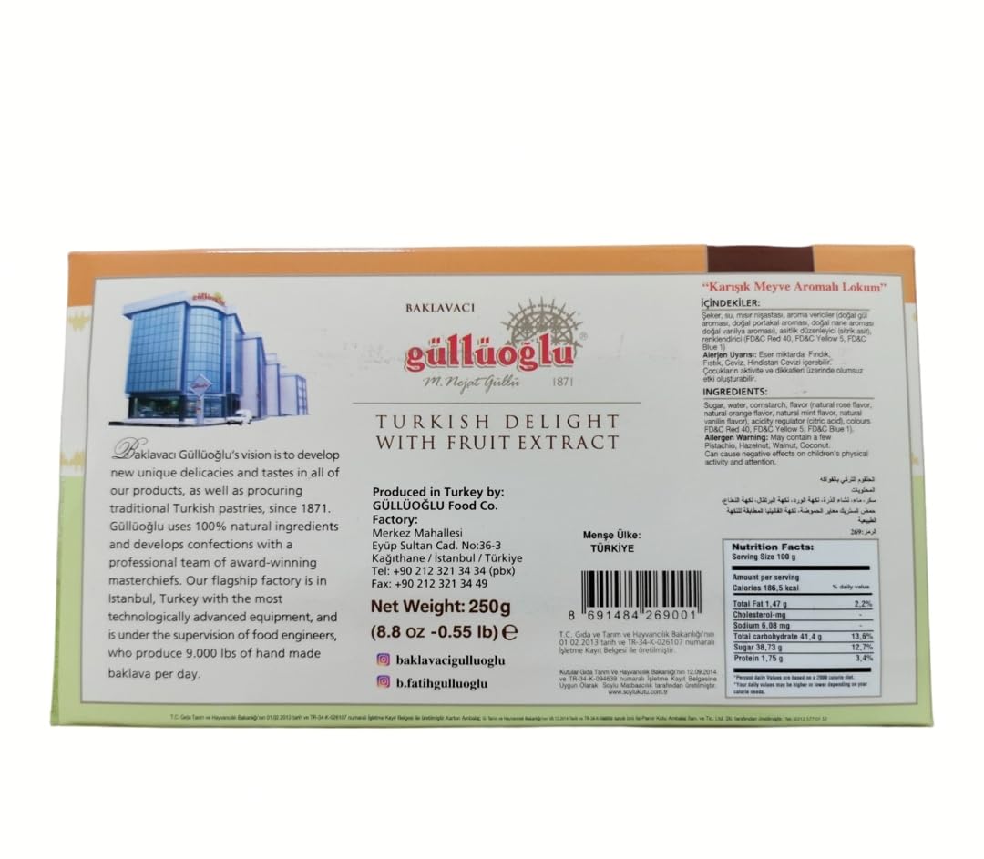 Glloglu Turkish Delight With Fruit Extract, 8.80Z - 250Gr, Daily Fresh Shipment From Istanbul/Turkey