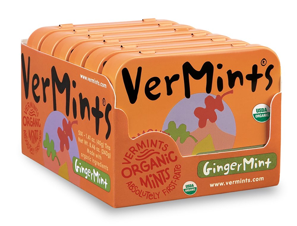 Organic Breath Mints By Vermints, Gingermint Flavor, All Natural, Non-Gmo, Nut Free, Gluten Free, Vegan, Ksa Kosher, Pack Of 6,