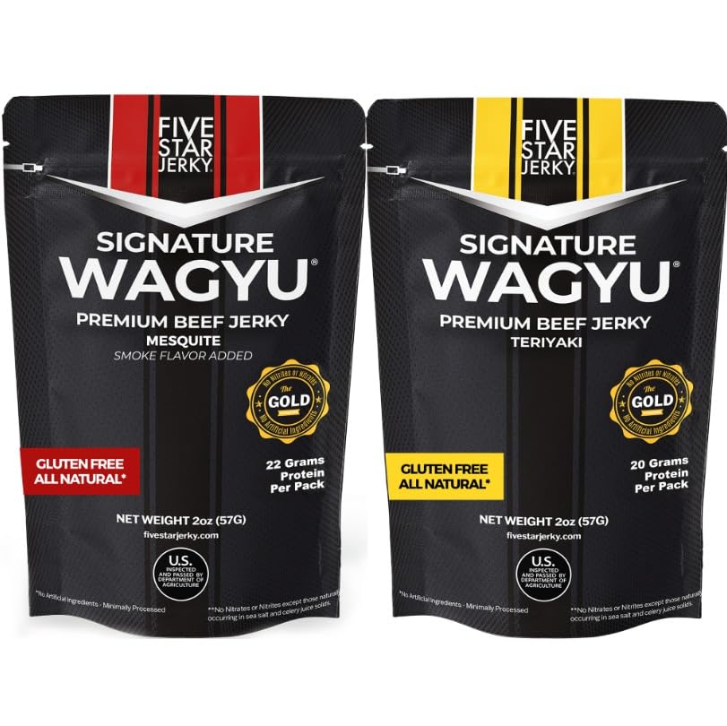 Five Star Wagyu Variety Beef Jerky  Soft & Mouth Melting Tender Jerky  Award-Winning Top-Grade Beef Jerky  No Artificial Ingredients  Top-Grade Gift Snack  Nitrate/Nitrite-Free  Gluten-Free  Wagyu Beef Snacks (4 Pack Of 2Oz-Total 8Oz) Gourmet Beef Jerky