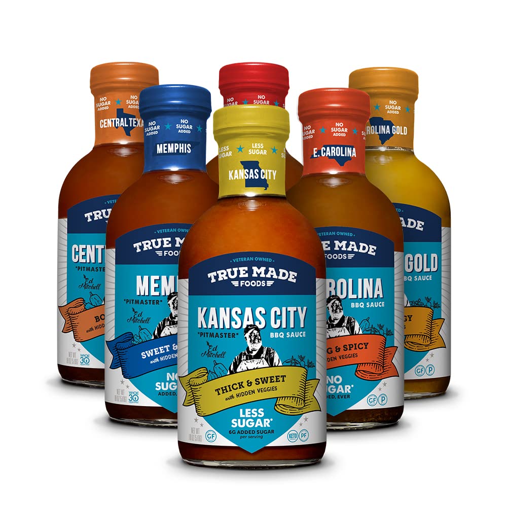 True Made Foods Ed Mitchell Genuine Pitmaster BBQ Sauce Variety Pack - 6 Flavor Collection for Grilling and Barbecue Recipes - I