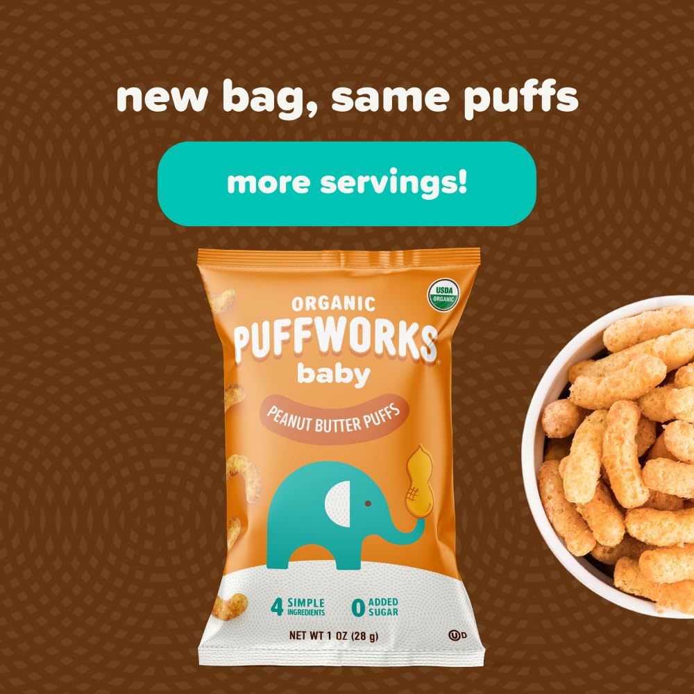 Puffworks Baby Organic Peanut Butter Puffs, Perfect For Early Peanut Introduction, Plant Protein, Usda Organic, Gluten-Free, Vegan, Non-Gmo, Kosher, 1.0 Ounce (Pack Of 6)