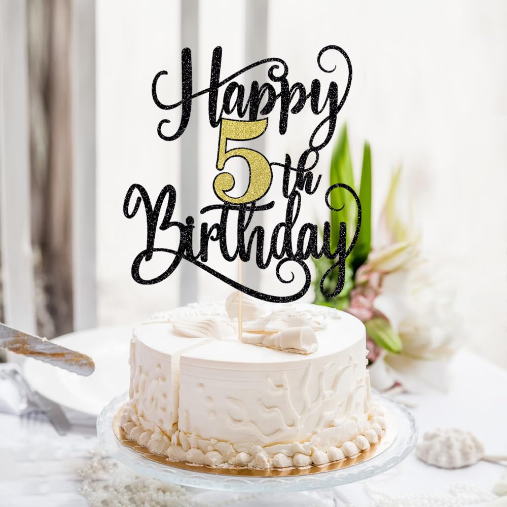 Ruscalin Happy 5Th Birthday Cake Topper,5Th Birthday Party Cake Decorations (Black And Gold Flashes, 5Th)
