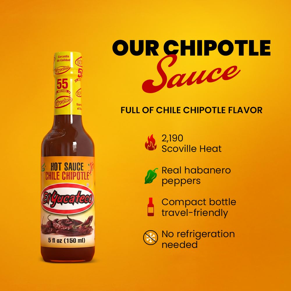 El Yucateco Chile Chipotle Hot Sauce, Authentic Mexican Chili Sauce, Bold Flavor, 5 fl oz, Pack of 1