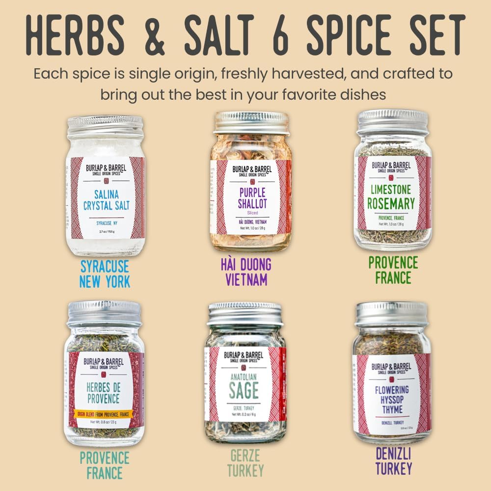 Burlap & Barrel Herb & Salt Gift Set - 6 Full Size Jars, Make Your Own Spice Blend, 1 Ounce Each