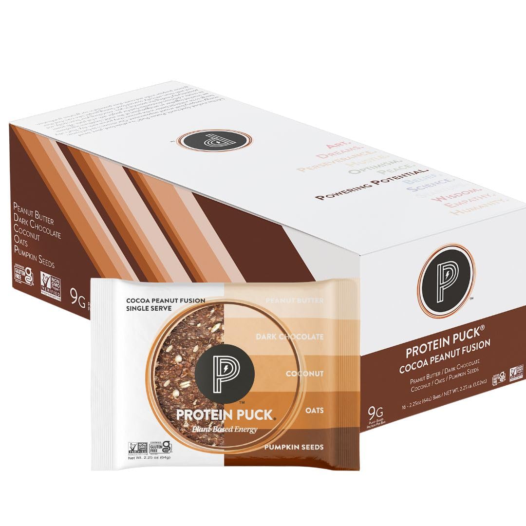 Protein Puck Plant Based Bars, Vegan Protein, Gluten Free, Non Dairy, 16 Count, 2.25 oz, Cocoa Peanut Fusion
