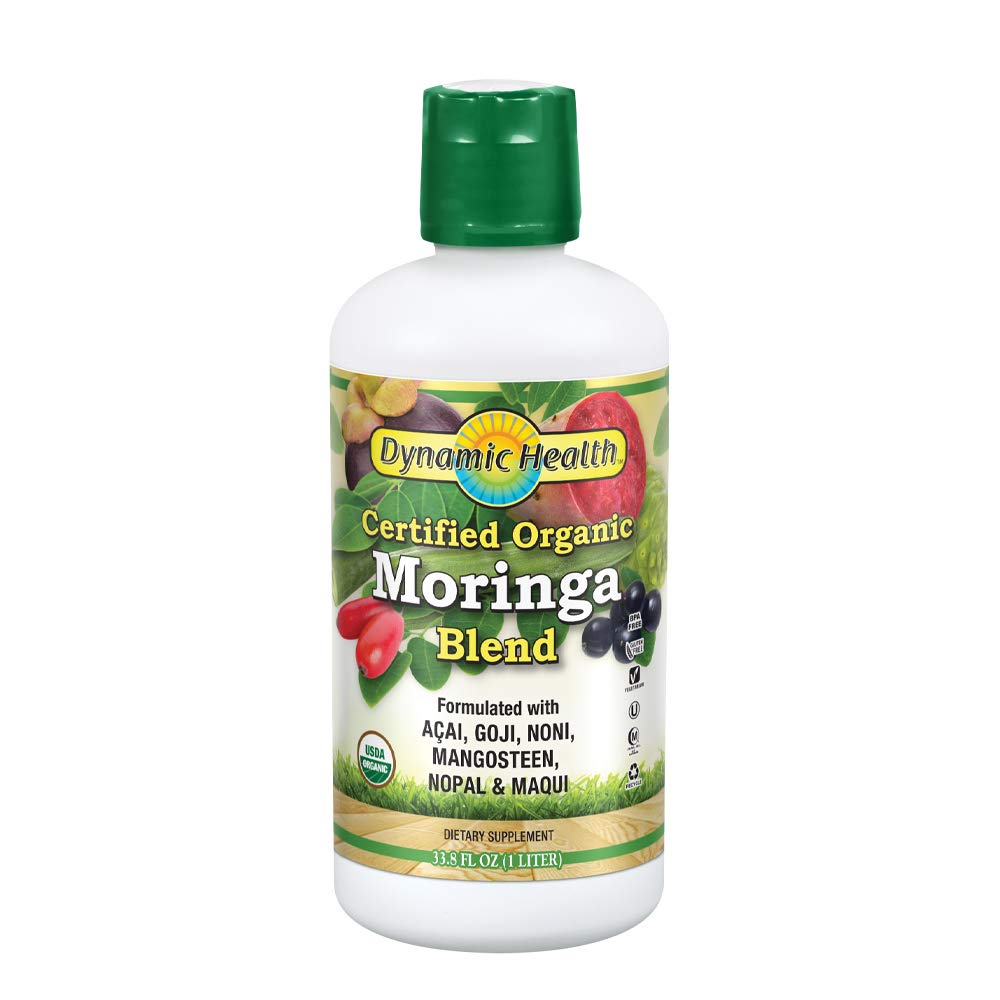 Dynamic Health Moringa Juice Certified Organic, Superfruits Acai, Goji, Mangosteen and Morei, Vegetarian, Gluten-Free, 33.8oz