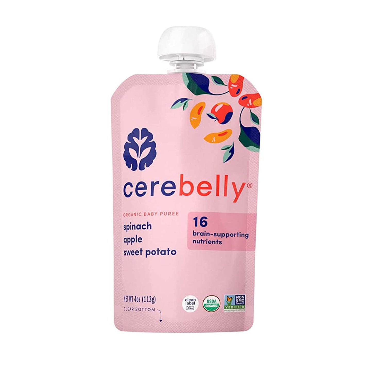 Cerebelly Organic Baby Food Pouches, Spinach Apple Sweet Potato Purees, 16 Nutrients, No Added Sugar, Fiber & Non-Gmo, 4Oz, 1 Count