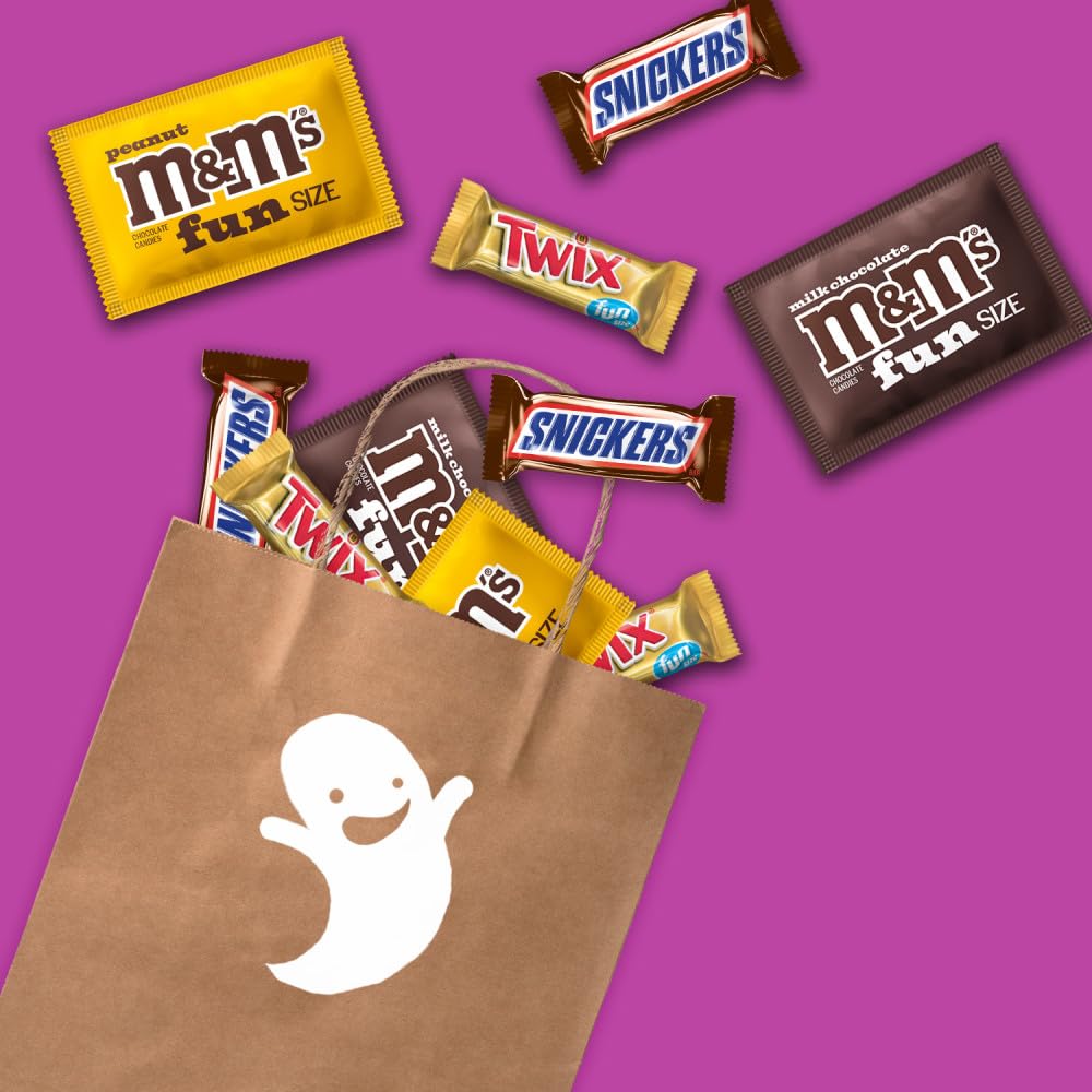 M&MS Fun Size Milk Chocolate  M&MS Fun Size Peanut  SNICKERS Fun Size & TWIX Fun Size Caramel Cookie Milk Chocolate Individually Wrapped Trick or Treat Halloween Candy  25 Ct  14.02 Oz Bulk Bag