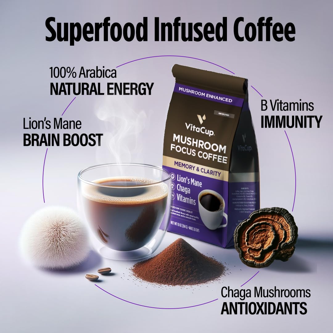 VitaCup Focus Ground Mushroom Coffee, Medium Dark Roast, 10oz Bags, Boosts Focus & Immunity, 3 Bags