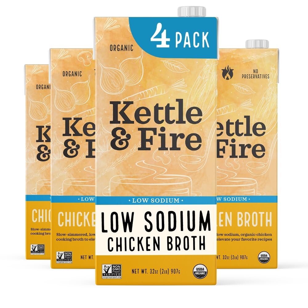 Kettle & Fire Low Sodium Chicken Broth, Organic Cooking Stock, 32 Fl Oz, Pack of 4