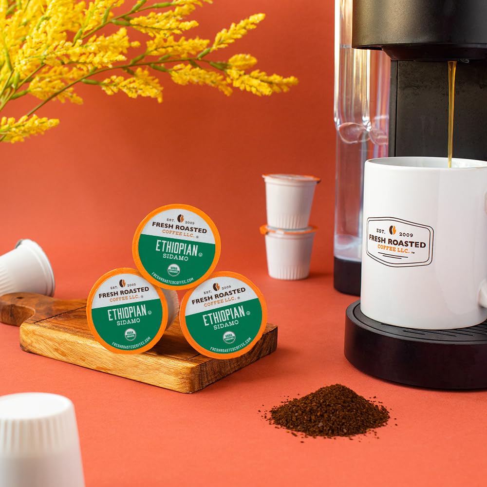 Fresh Roasted Coffee Organic Ethiopian Sidamo K-Cup Compatible 24 Pods Fair Trade Kosher Coffee